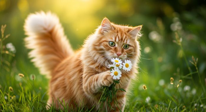 cat picking daisies