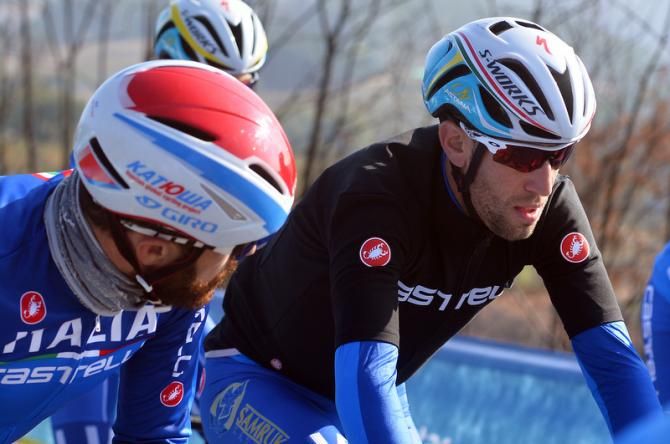 Luca Paolini and Vincenzo Nibali chatting during Italy's recce of the course