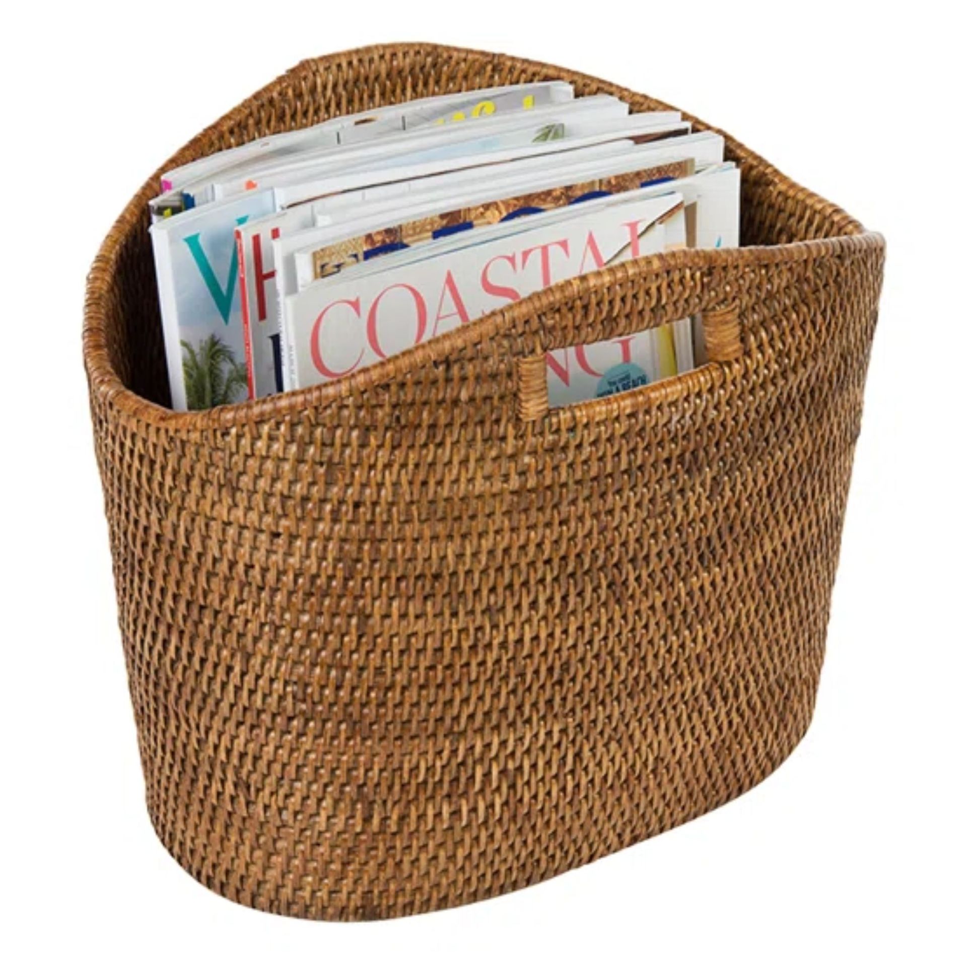 A rattan magazine rack