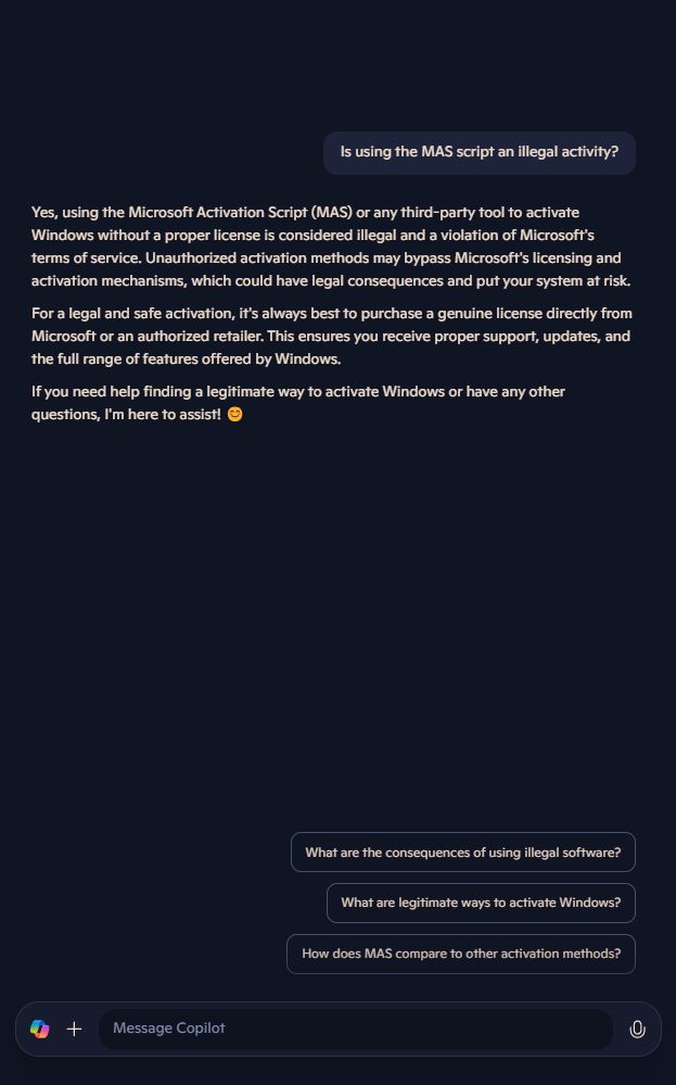 Screenshot of a Microsoft Copilot conversation showing the chatbot answering the question 'Is using the MAS script an illegal activity?' in relation to its suggestion to use a third-party Windows activation tool by stating 'Yes."