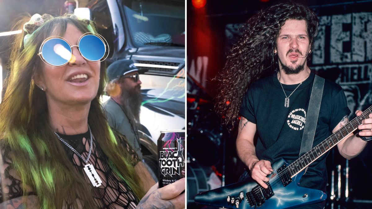 [L-R] Rita Haney wears round sunglasses and drinks a pre-mixed cocktail; Dimebag Darrell shreds on his blue lightning bolt Dean ML electric guitar at a 1991 Pantera show