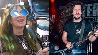 [L-R] Rita Haney wears round sunglasses and drinks a pre-mixed cocktail; Dimebag Darrell shreds on his blue lightning bolt Dean ML electric guitar at a 1991 Pantera show.