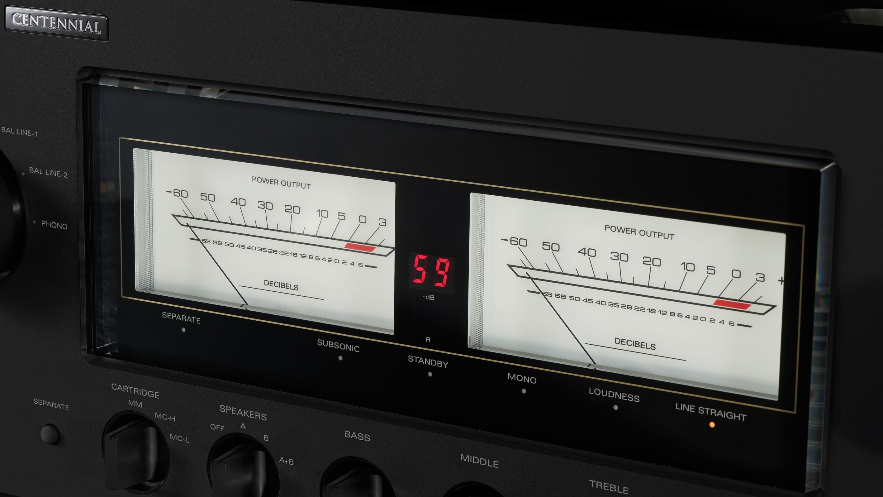 Luxman L-506Z in Centennial Black Edition with close up on VU meters display