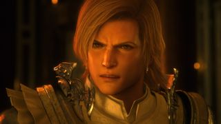 Ein grübelnder blonder Mann schaut spöttisch drein in Final Fantasy 16.