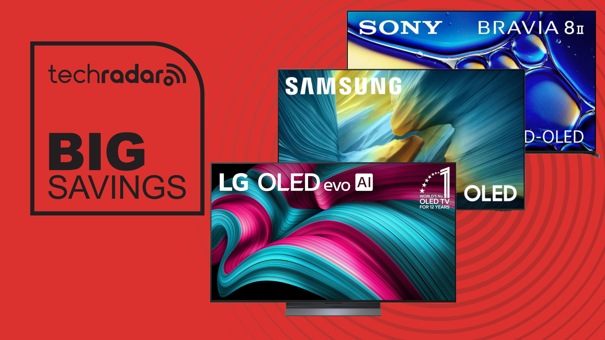 OLED TV deals image with C5, S95F and Bravia 8 II on red background 