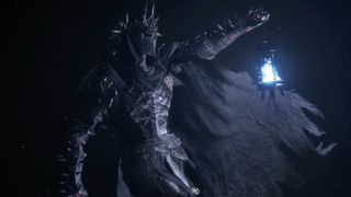Lords of the Fallen 2 knight carrying a blue lamp in darkness