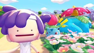 A human ditto taking a picture with a Ivysaur and Venusaur in Pokemon Pokopia. 