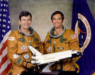 These two astronauts were the prime crewmen for the first flight in the Space Transportation System (STS-1) program. Astronauts John W. Young, left, commander, and Robert L. Crippen, pilot, will man the space shuttle orbiter 102 Columbia for the first orb