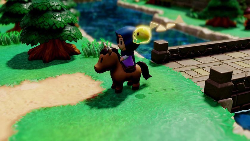 Princess Zelda, donned in a blue hood, rides a small horse through a lush landscape alongside her glowing companion, Tri.