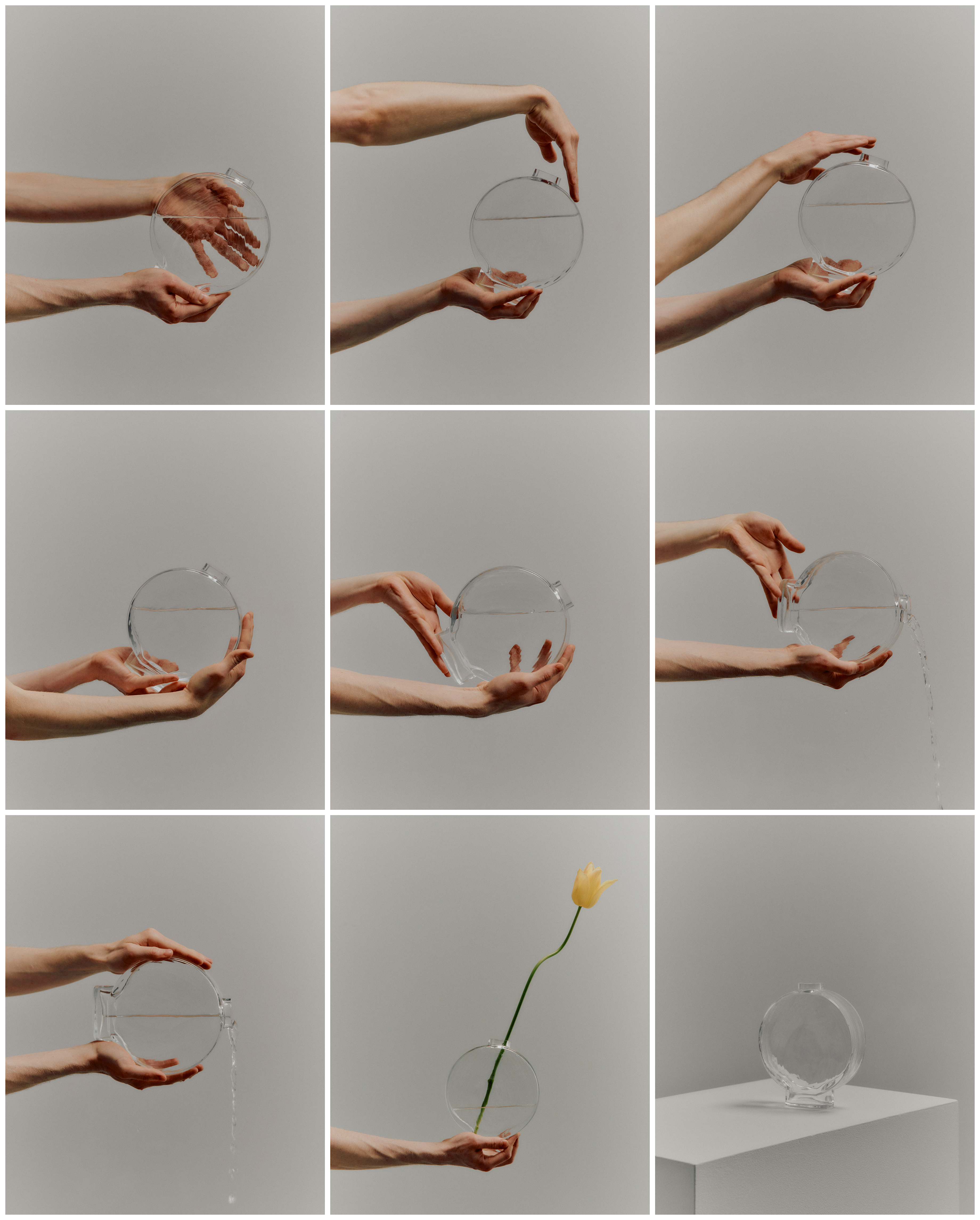 Grid-designed series of images depicting everyday objects within an empty, gray-tinted gallery room, including vases, chairs, and glass bowls.
