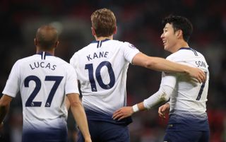 Tottenham Hotspur’s Lucas Moura, Tottenham Hotspur’s Harry Kane and Tottenham Hotspur’s Son Heung-min