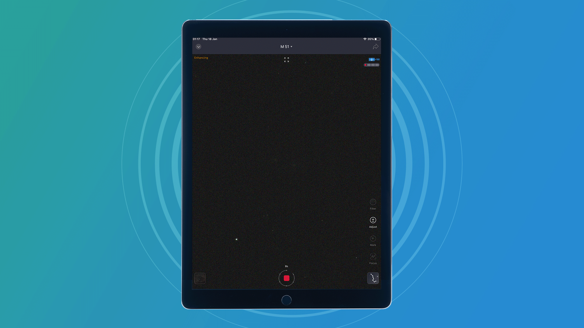 A GIF of screenshots from the ZWO Seestar S50 software on an iPad, on a blue background. The GIF shows the M51 galaxy appearing as shots are stacked