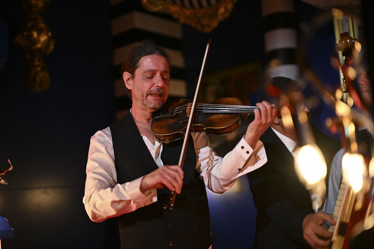 Nikon ZR sample images &ndash; musicians in a classsic interior; a violinist, double bass and accordian