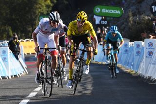 GRAND COLOMBIER FRANCE SEPTEMBER 13 Primoz Roglic of Slovenia and Team Jumbo Visma Yellow Leader Jersey Tadej Pogacar of Slovenia and UAE Team Emirates White Best Young Rider Jersey Miguel Angel Lopez Moreno of Colombia and Astana Pro Team Grand Colombier 1501m during the 107th Tour de France 2020 Stage 15 a 1745km stage from Lyon to Grand Colombier 1501m TDF2020 LeTour on September 13 2020 in Grand Colombier France Photo by Tim de WaeleGetty Images