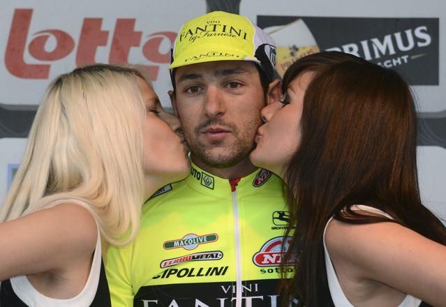 Oscar Gatt (Vini Fantini-Selle Italia) got the winner's kisses at Dwars Door Vlaanderen