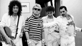 Queen performing onstage in Budapest in 1986