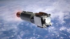 Artist's illustration of the DSCOVR satellite attached to its SpaceX Falcon 9 upper stage shortly after launch in February 2015.