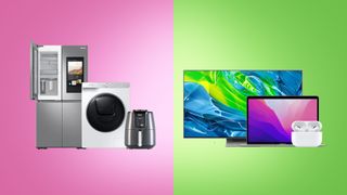 An assortment of tech and kitchen products on a split green and pink background