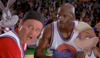 Space Jam Bill Murray and Michael Jordan huddled with Bugs and Lola