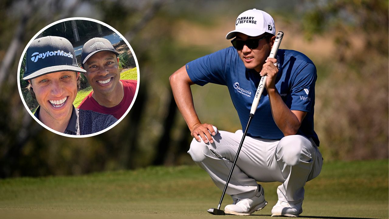 Michael Kim crouches down to line up a putt at The RSM Classic 2024 while Grant Horvat and Tiger Woods smile at the camera (inset)