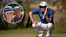 Michael Kim crouches down to line up a putt at The RSM Classic 2024 while Grant Horvat and Tiger Woods smile at the camera (inset)