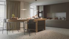 A brown kitchen with a terrazzo floor