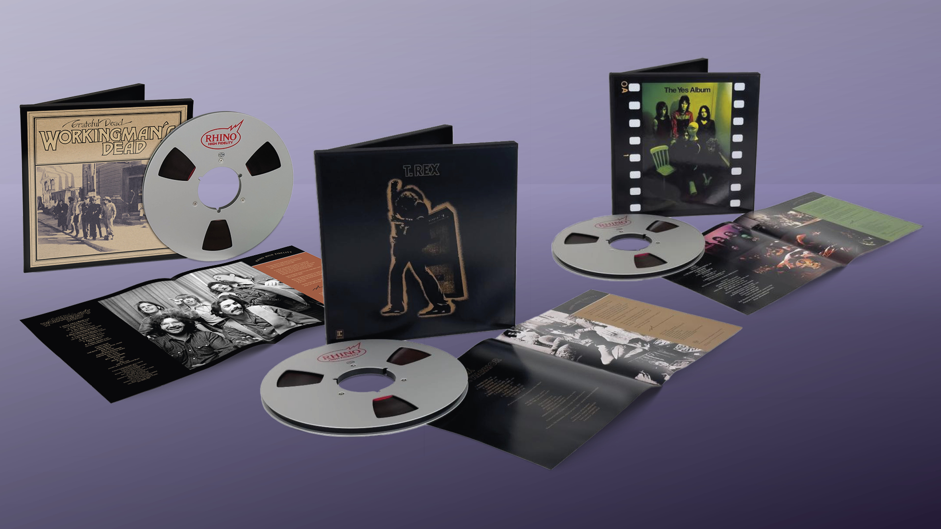 Three reel-to-reel albums with their covers on a purple background: the albums are by Grateful Dead, T.Rex and Yes.