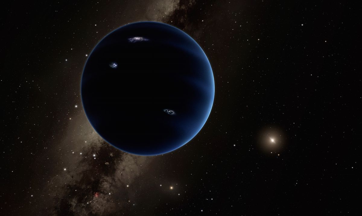 A giant planet similar to Uranus or Neptune may orbit the sun in the solar system&#039;s outer reaches. &quot;Planet Nine&quot; is shown here in an artist&#039;s impression that includes hypothetical lightning on the planet&#039;s surface. The bright star to the right is the sun.