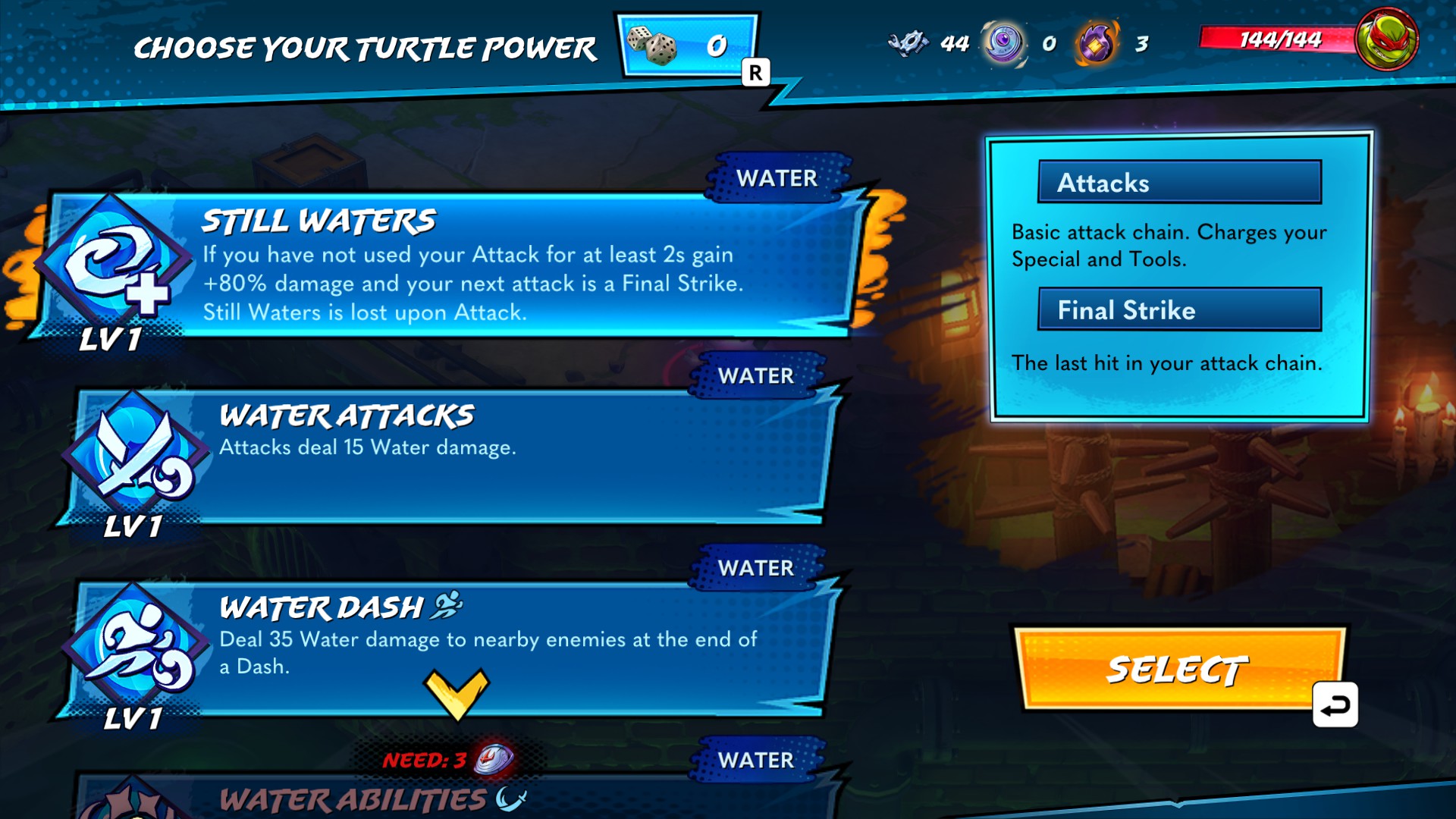 Selecting a Water power as a reward after clearing a room in Teenage Mutant Ninja Turtles: Splintered Fate.