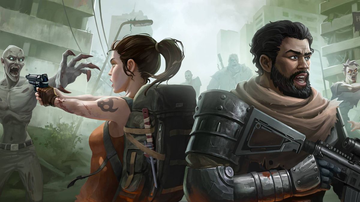 Key art for Persist Online, showing two characters with guns defending themselves from zombies.