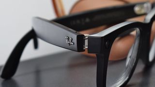 Photograph of Ra-yBan branding on the Ray-Ban Meta smart glasses.