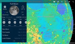 The LunarMap HD app for Android identifies features on the moon and lets you download additional maps of the entire globe. Shown here is the Lunar Reconnaissance Orbiter mission's color-coded digital elevation model map. The Moon app for iOS (inset) has a simple and informative interface that presents the current and upcoming phases, lunar distance, where to find the moon in the sky, and more.
