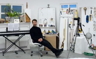 Multimedia artist-in-residence Oliver Beer in his temporary studio in the basement of Ely House.