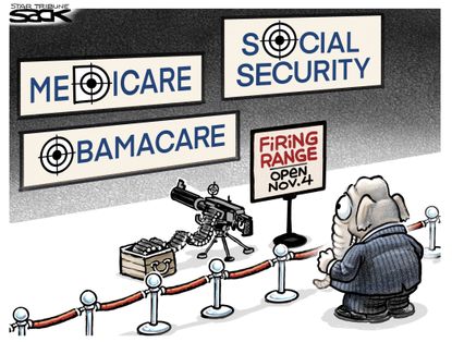 Political Cartoon U.S. GOP targets Obamacare social security 2020 election