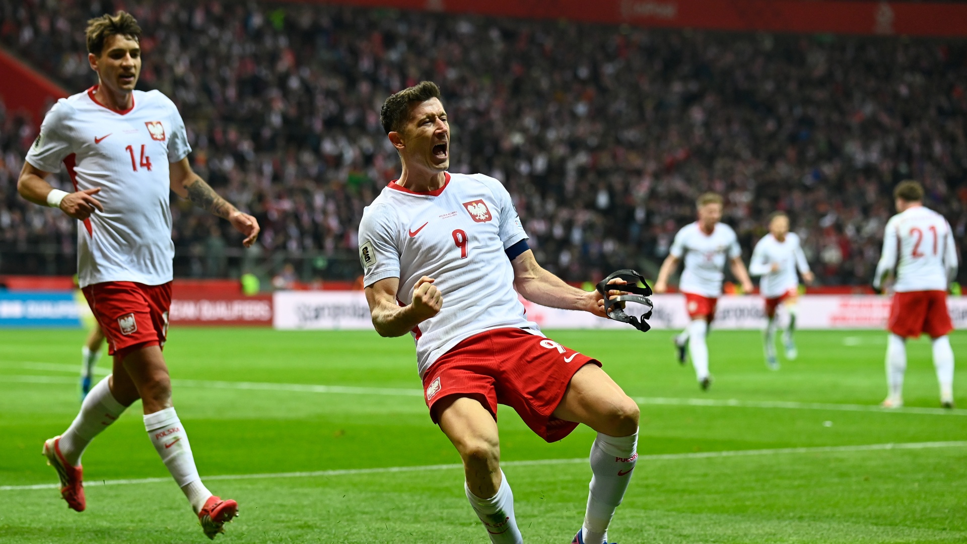 Poland's Robert Lewandowski celebrating during the 2026 FIFA World Cup qualifiers