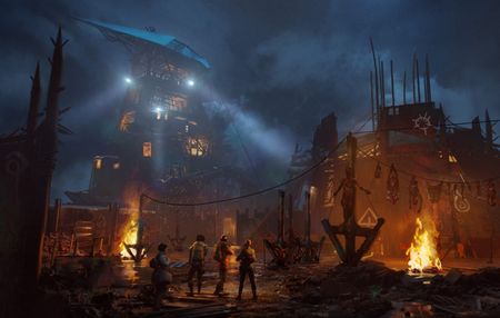 4 well-equipped Cleaners looks up at a spooky cult compound silhouetted against a dark, threatening sky