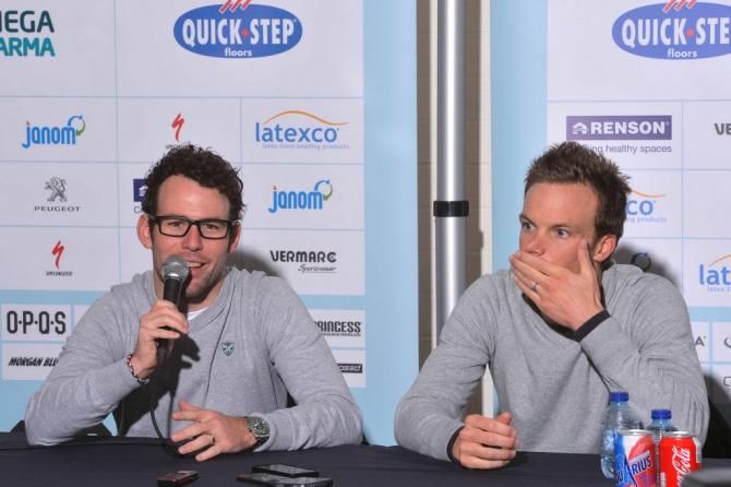 Mark Cavendish gets a laugh in during the media conference