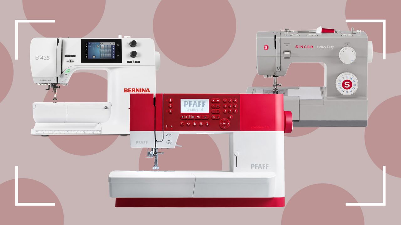 Three of the best sewing machines as rated by woman&amp; home - on a dotty pink background