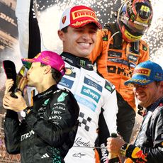 A collage featuring images of Formula One drivers during the 2025 season, including George Russell, Lewis Hamilton, Max Verstappen, Oscar Piastri, Lando Norris, Yuki Tsunoda, and Isack Hadjar. 