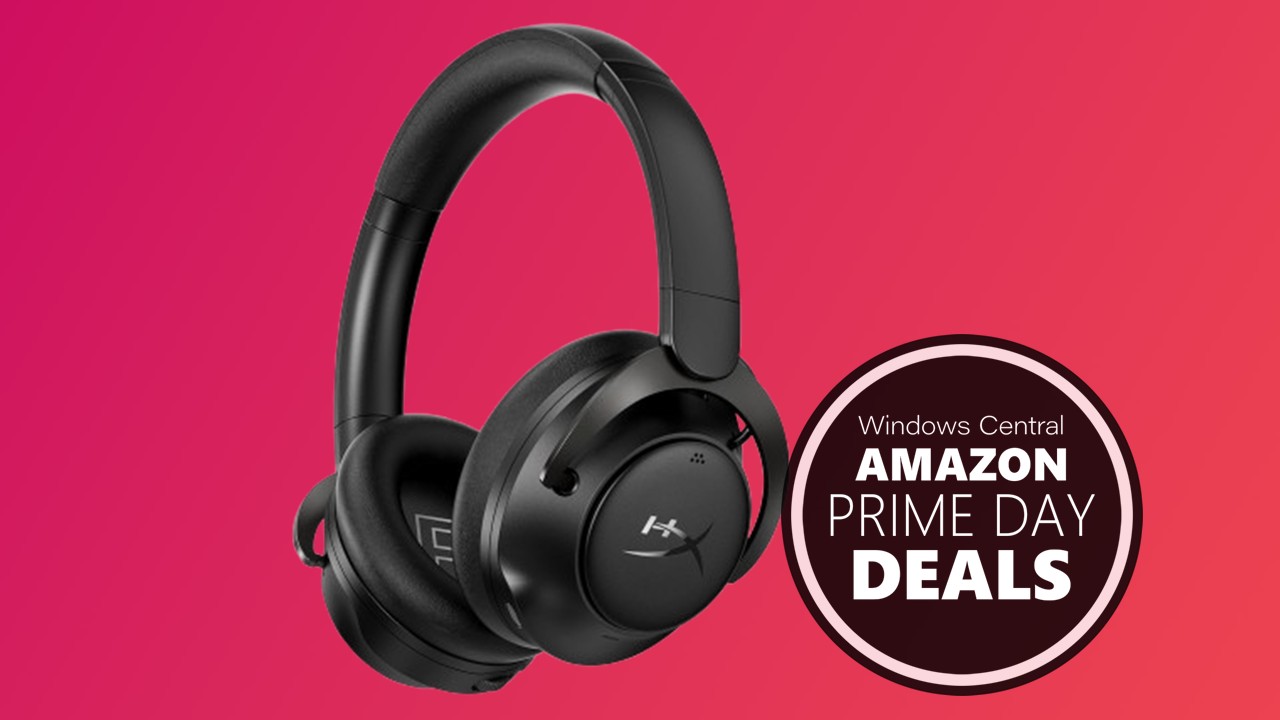 HyperX Cloud MIX 2 headset on a pink gradient with text reading "Windows Central Amazon Prime Day deals"