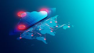 A stylized graphic showing a large cloud symbol as large as a world map shown in isometric view, with three large red error symbols on the cloud representing a DDoS attack. Decorative: the cloud and surrounding map and background are varying shades of blue-green.