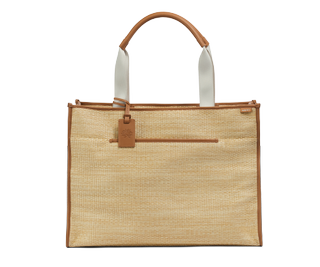 A raffia and leather large tote bag.