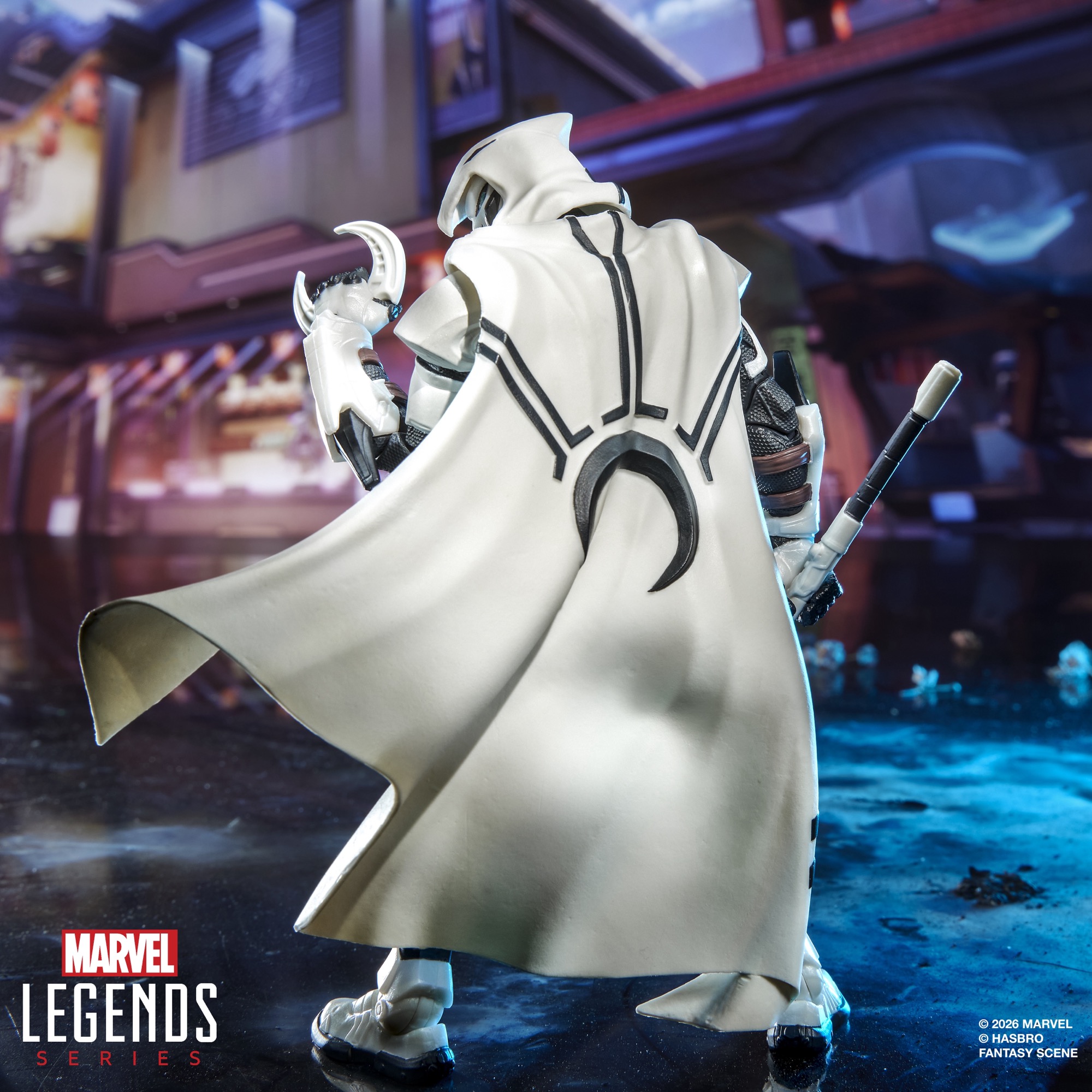 Marvel Rivals Moon Knight action figure posed against a colorful background