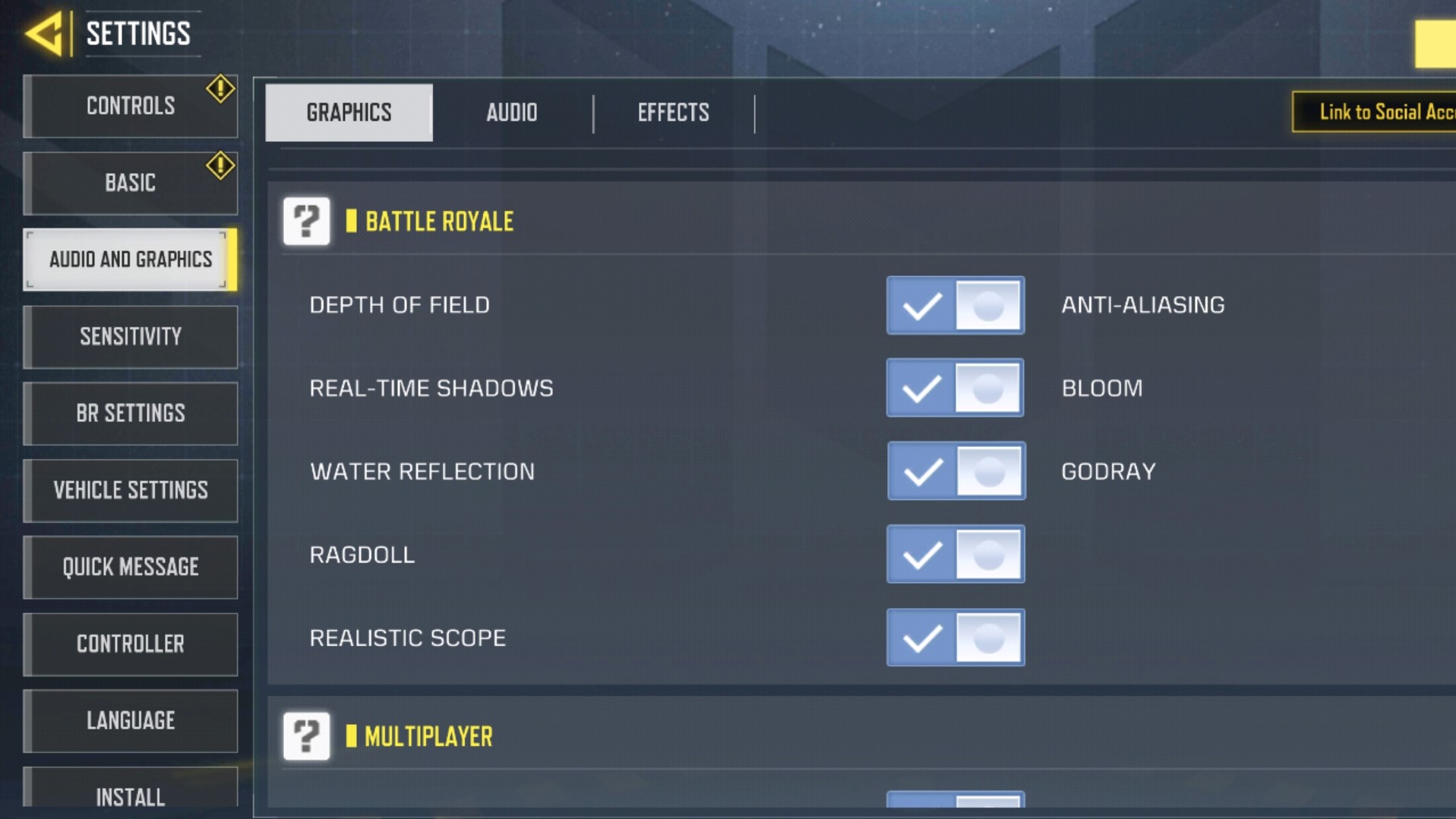 Screenshot of Call of Duty Mobile showing the graphics settings options with each box checked
