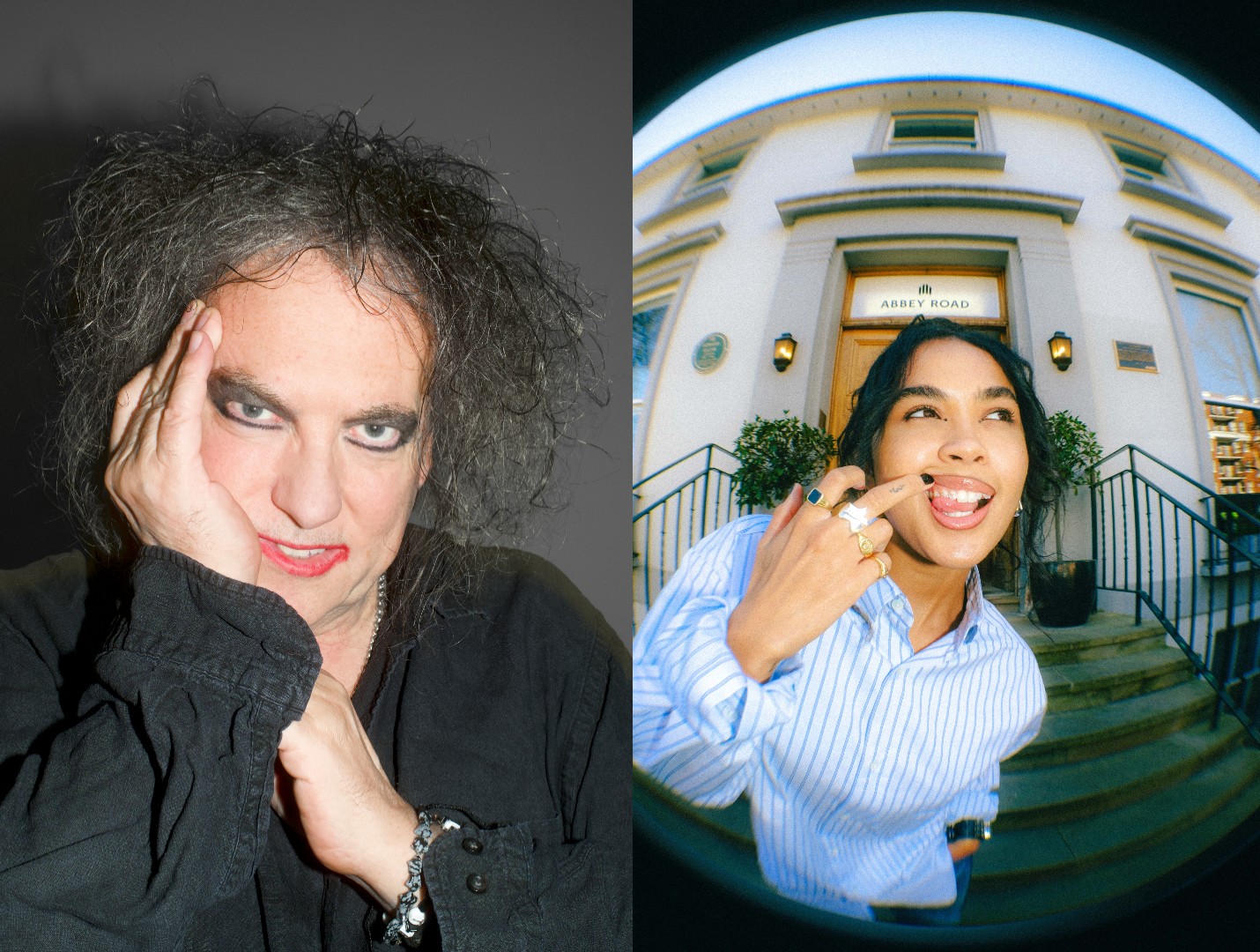 A split image featuring a close-up portrait of Robert Smith of The Cure with his signature tousled hair and eyeliner, alongside a wide-angle fisheye shot of Aziya smiling in front of the Abbey Road Studios entrance.