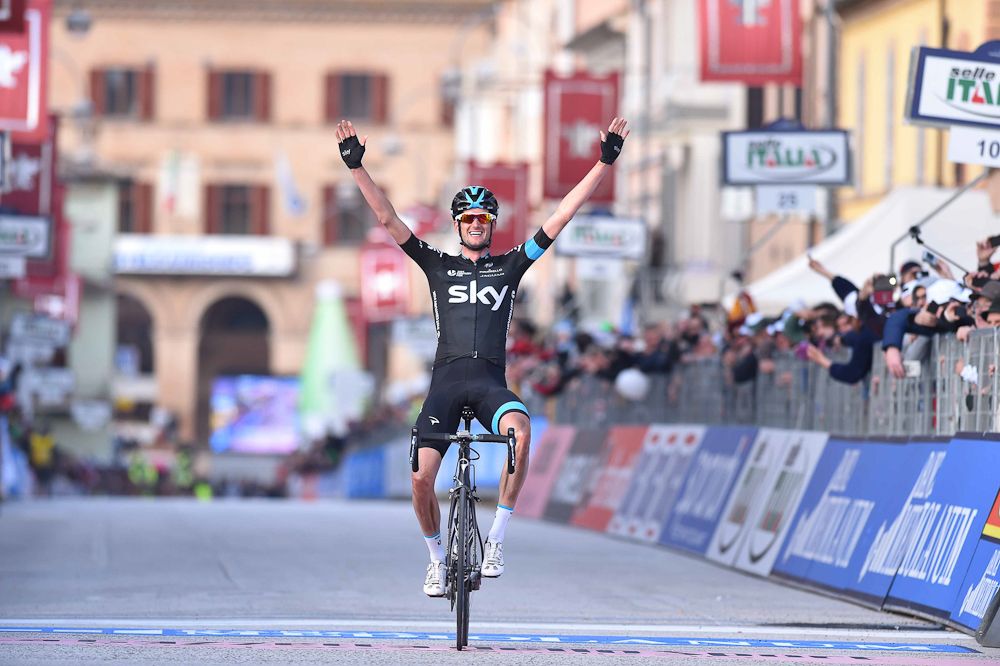 Wout Poels salutes the victory.