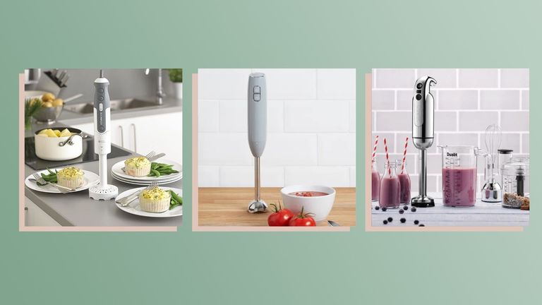 A selection of the best hand blenders used in kitchens, on a green background