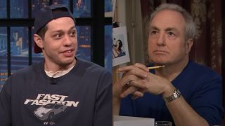 Pete Davidson pictured sitting during a guest spot on Late Night with Seth Meyers, next to an image of Lorne Michaels looking up from a desk on Saturday Night Live. 