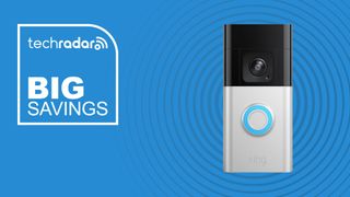 Ring video doorbell on blue background with text reading 'TechRadar big savings'