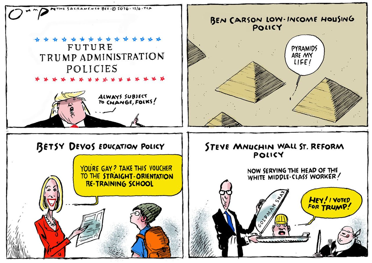 Political cartoon U.S. Donald Trump administration future policies